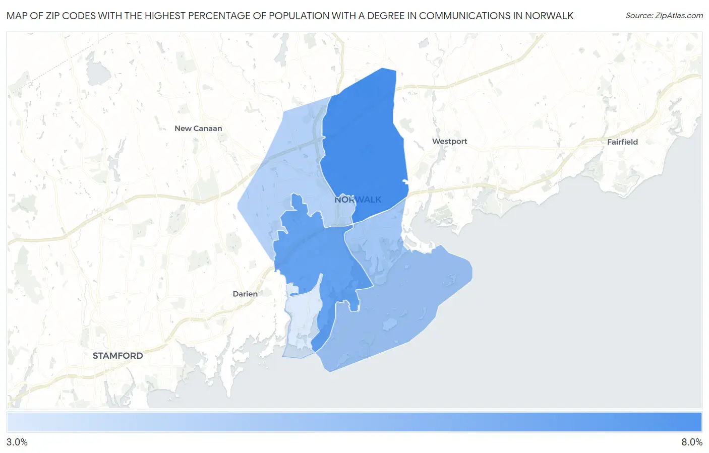 Zip Codes with the Highest Percentage of Population with a Degree in Communications in Norwalk Map