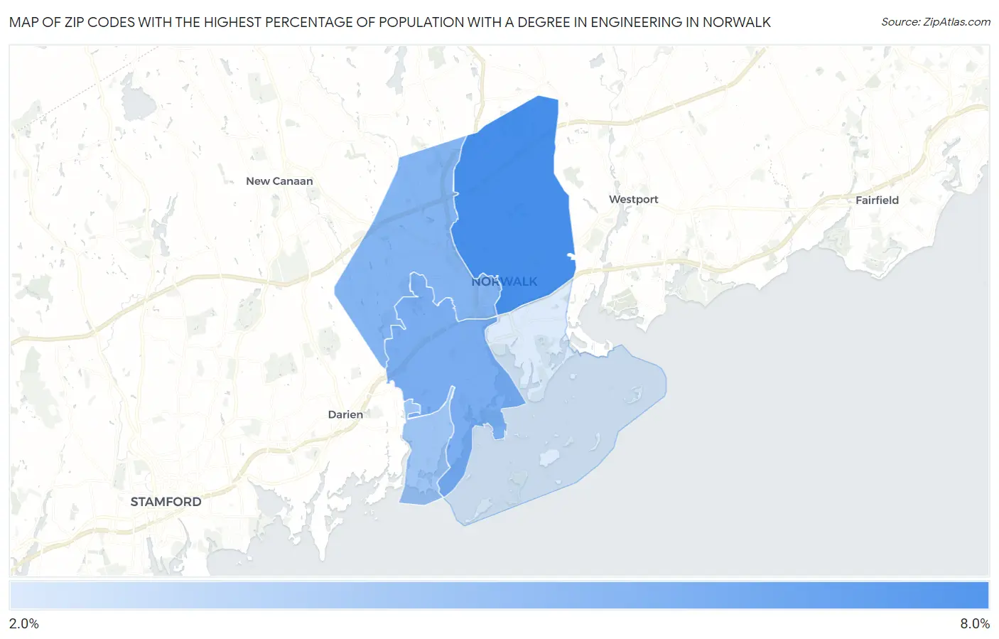 Zip Codes with the Highest Percentage of Population with a Degree in Engineering in Norwalk Map