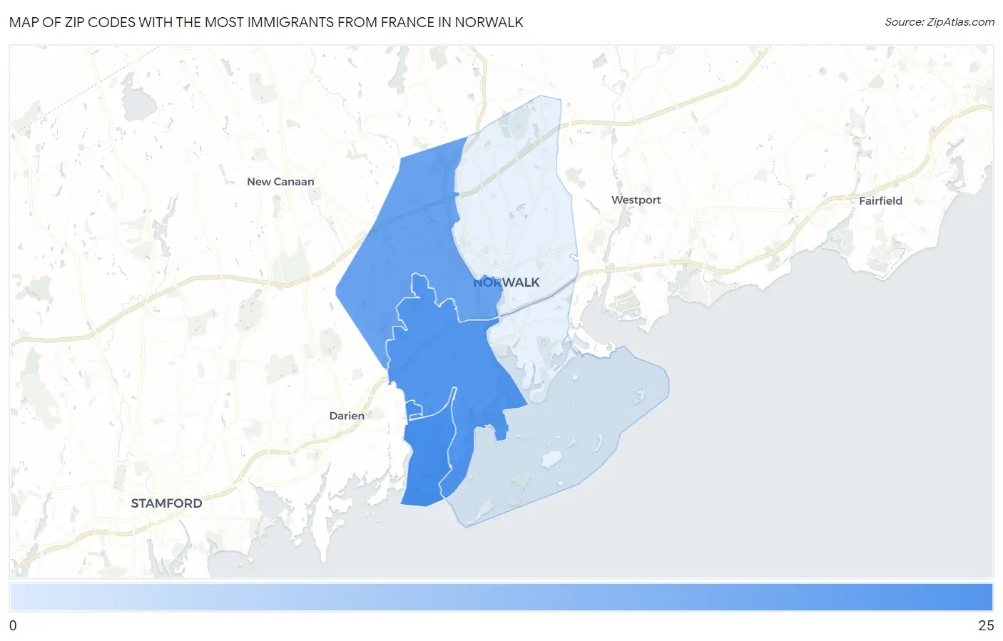 Zip Codes with the Most Immigrants from France in Norwalk Map