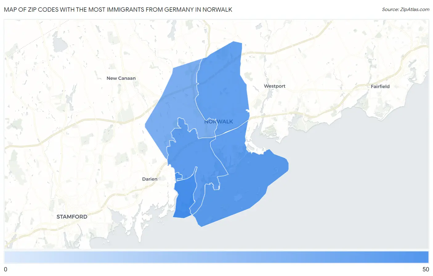 Zip Codes with the Most Immigrants from Germany in Norwalk Map