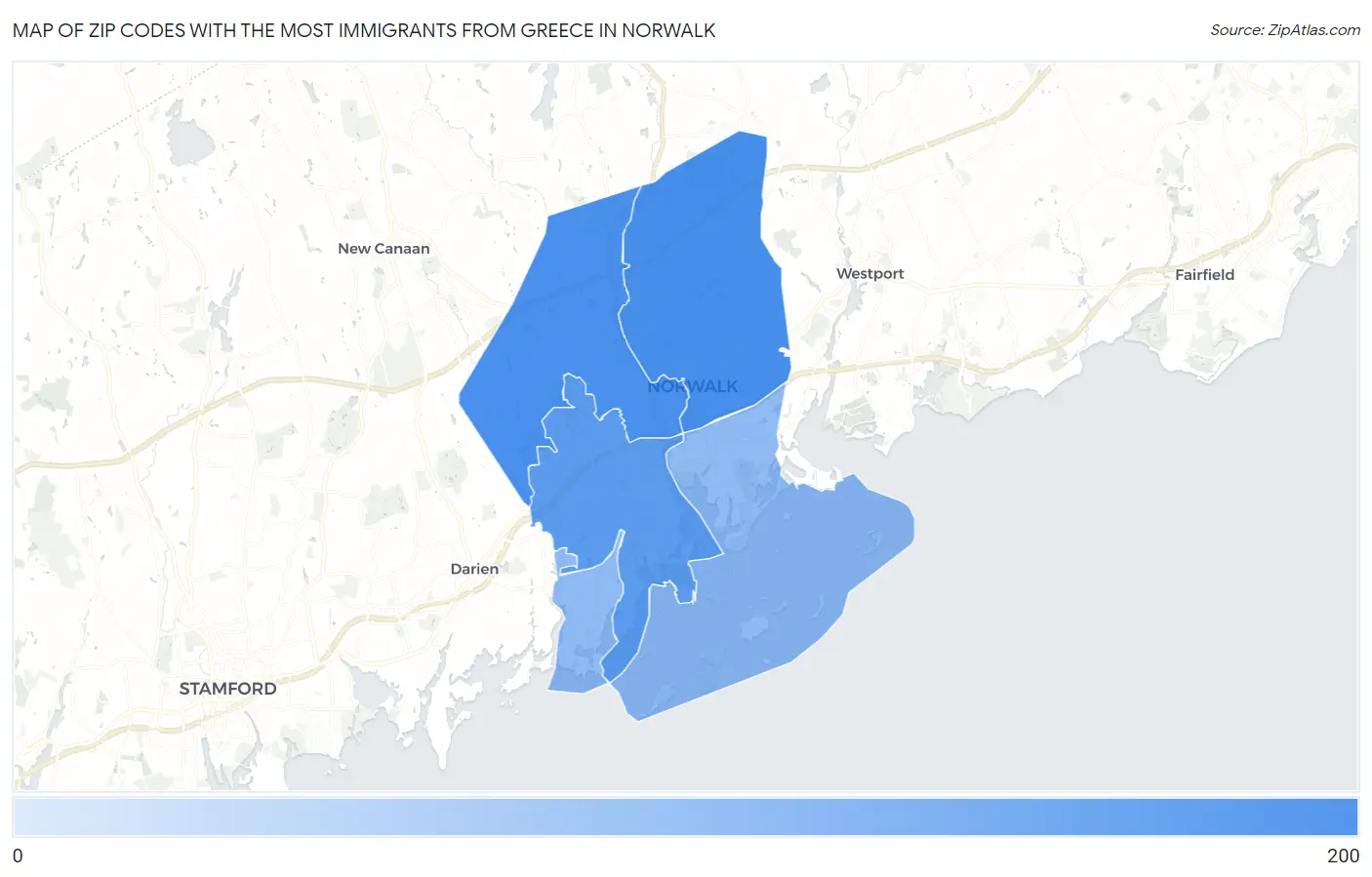 Zip Codes with the Most Immigrants from Greece in Norwalk Map