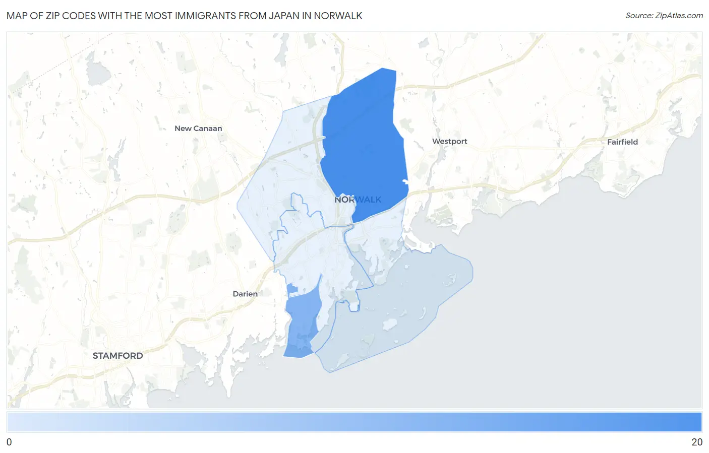 Zip Codes with the Most Immigrants from Japan in Norwalk Map