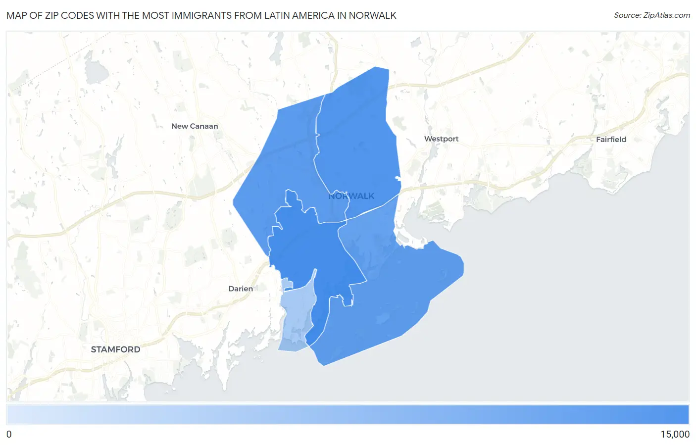 Zip Codes with the Most Immigrants from Latin America in Norwalk Map