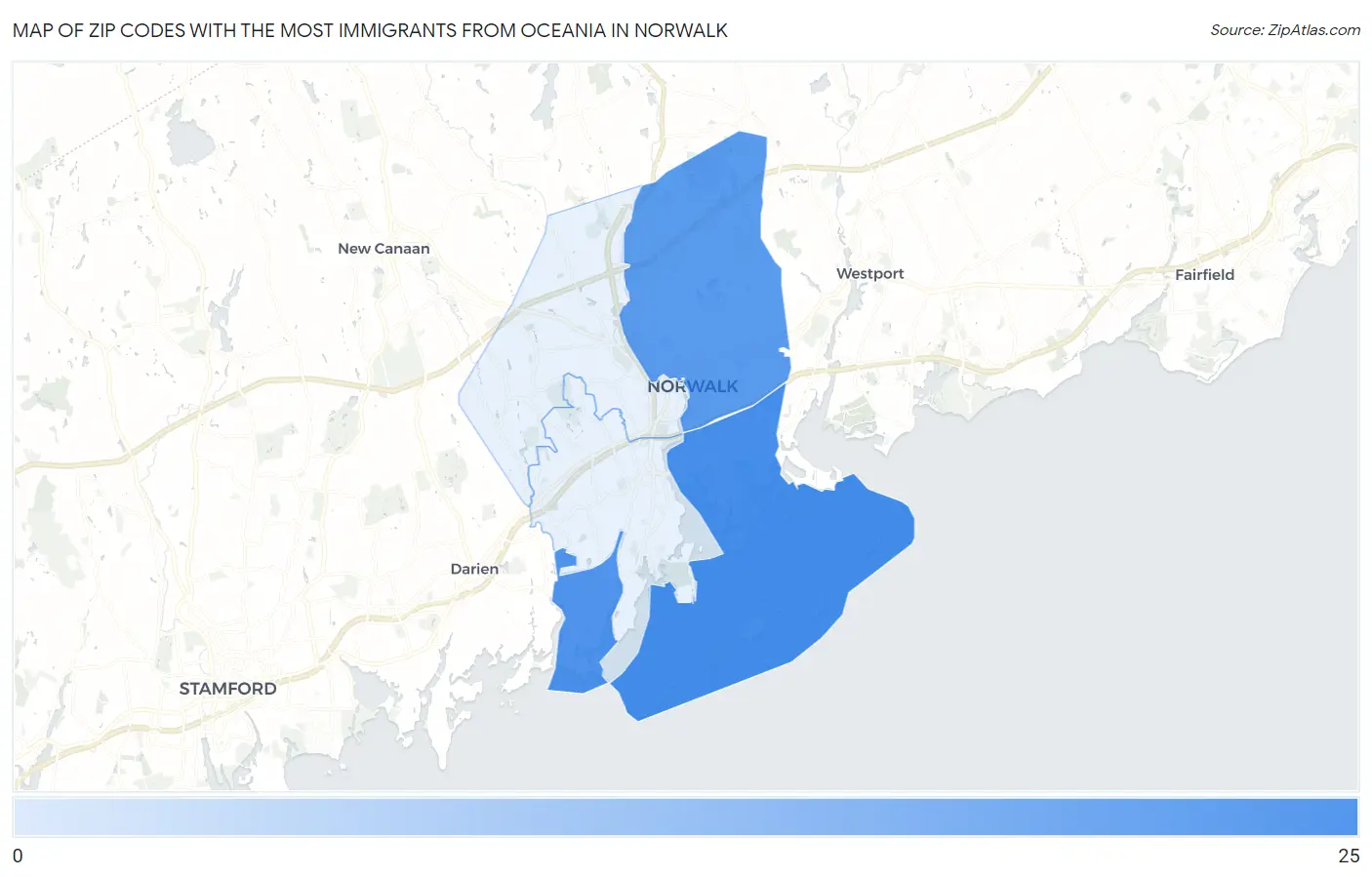 Zip Codes with the Most Immigrants from Oceania in Norwalk Map