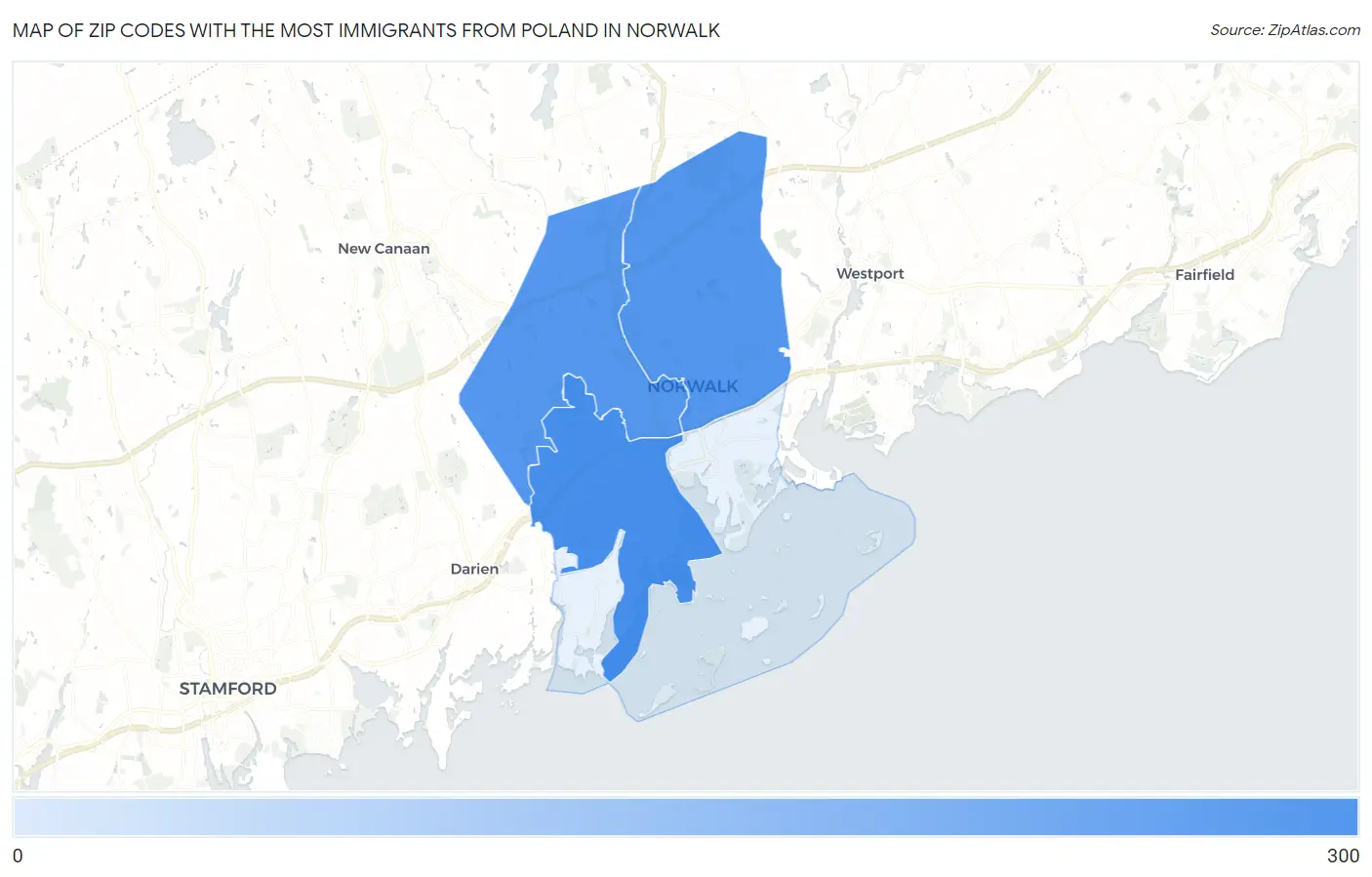 Zip Codes with the Most Immigrants from Poland in Norwalk Map