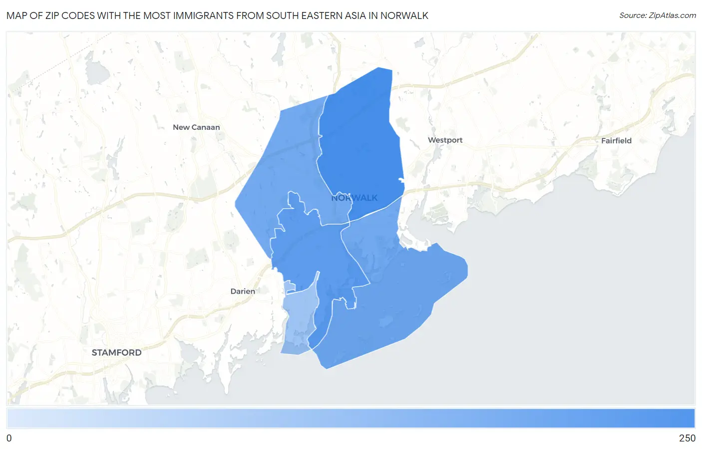 Zip Codes with the Most Immigrants from South Eastern Asia in Norwalk Map