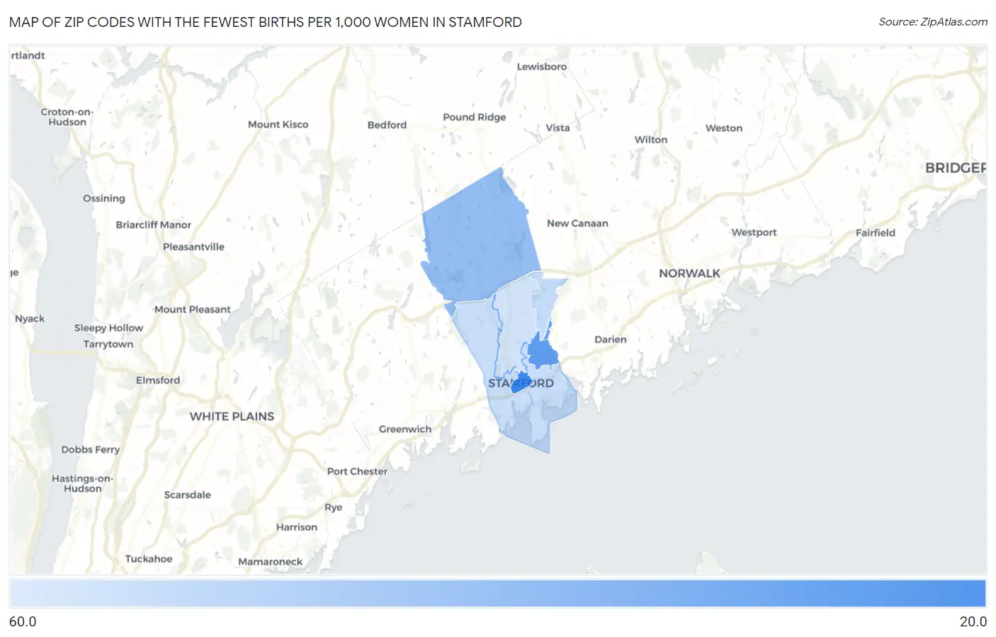 Zip Codes with the Fewest Births per 1,000 Women in Stamford Map