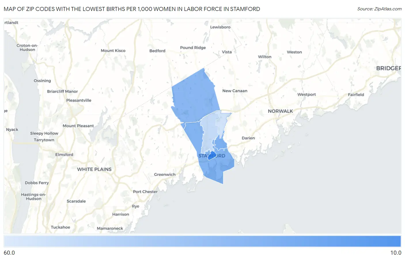 Zip Codes with the Lowest Births per 1,000 Women in Labor Force in Stamford Map