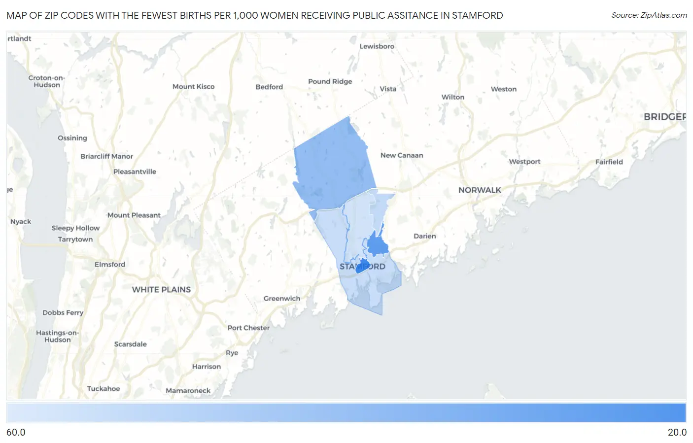 Zip Codes with the Fewest Births per 1,000 Women Receiving Public Assitance in Stamford Map