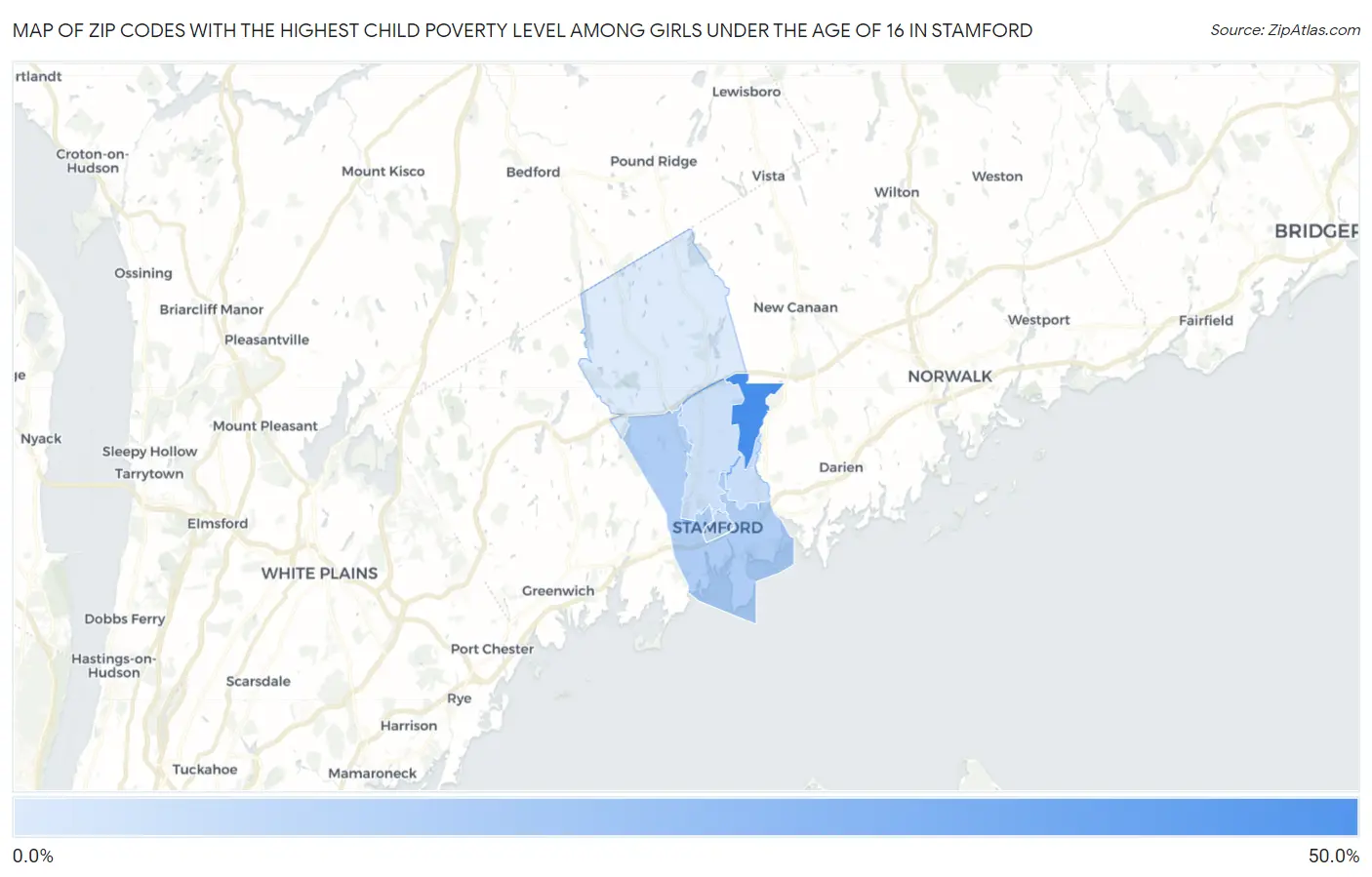 Zip Codes with the Highest Child Poverty Level Among Girls Under the Age of 16 in Stamford Map