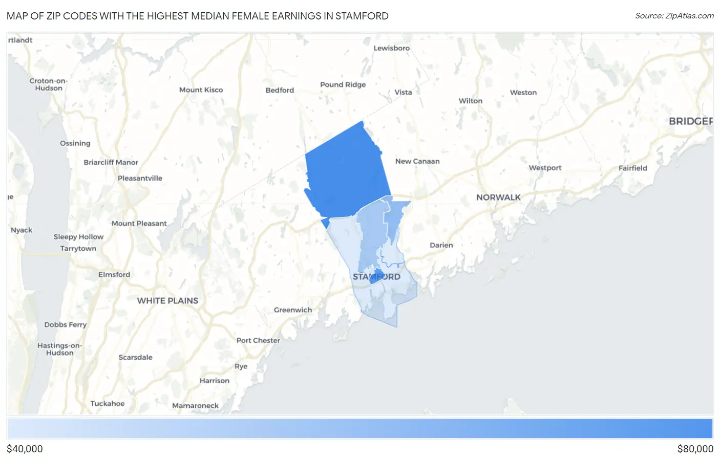 Zip Codes with the Highest Median Female Earnings in Stamford Map