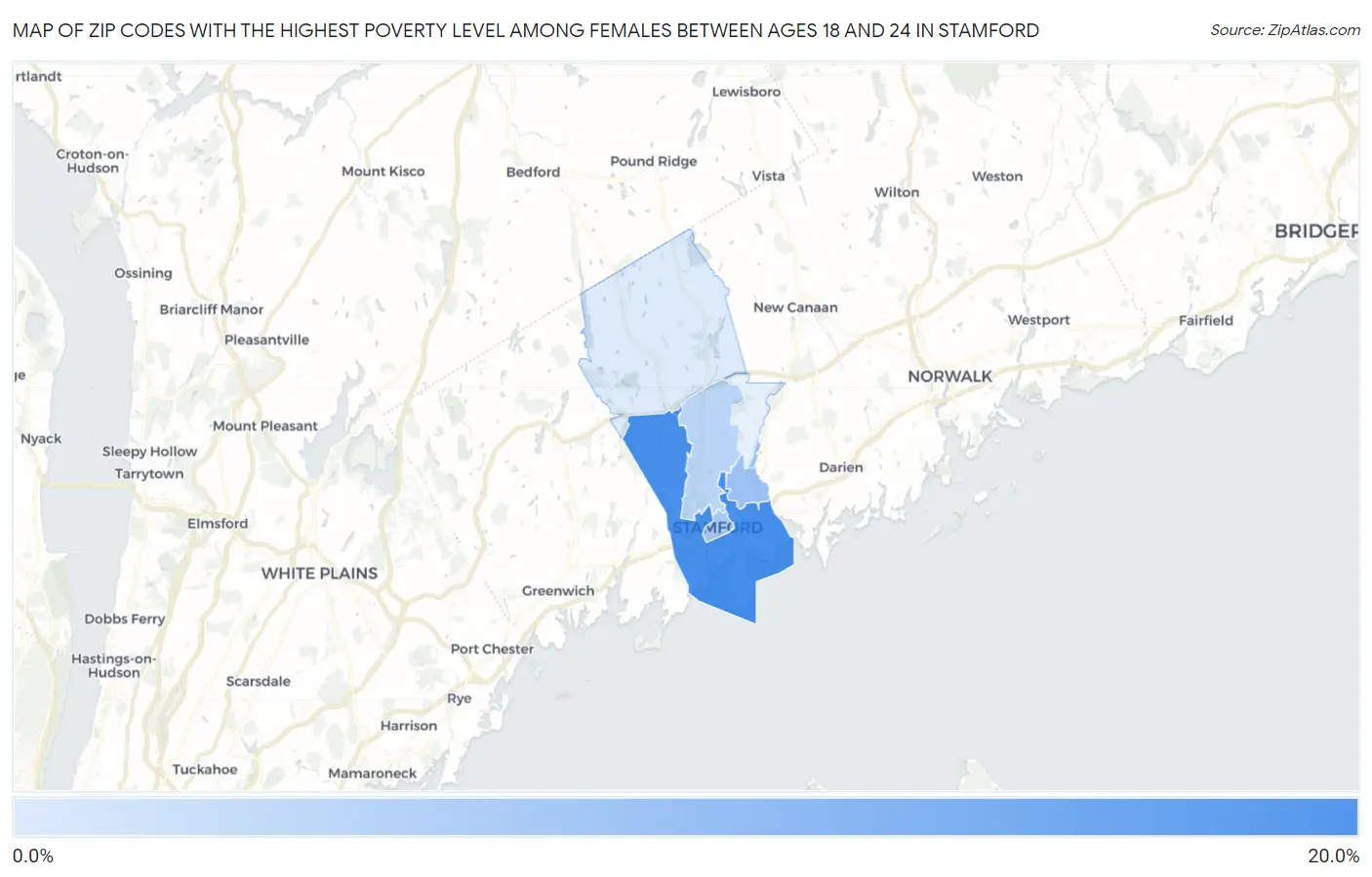 Zip Codes with the Highest Poverty Level Among Females Between Ages 18 and 24 in Stamford Map