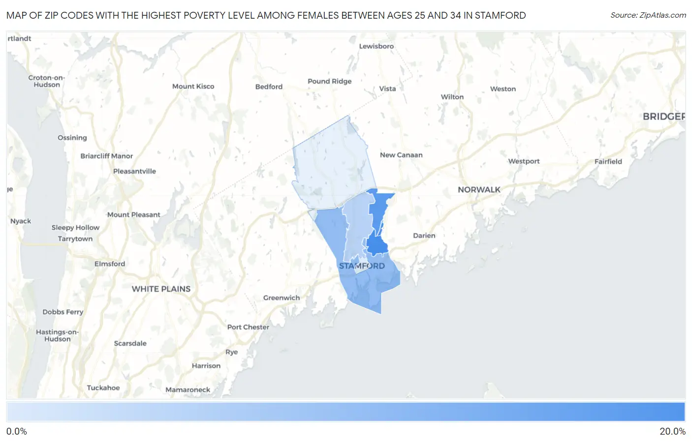 Zip Codes with the Highest Poverty Level Among Females Between Ages 25 and 34 in Stamford Map