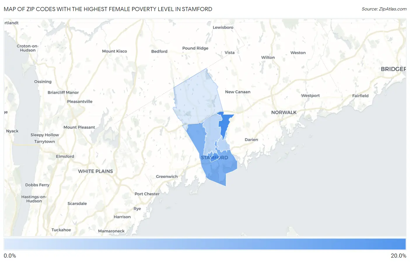 Zip Codes with the Highest Female Poverty Level in Stamford Map
