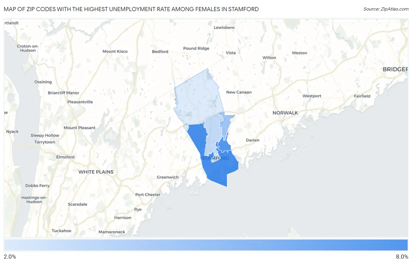 Zip Codes with the Highest Unemployment Rate Among Females in Stamford Map