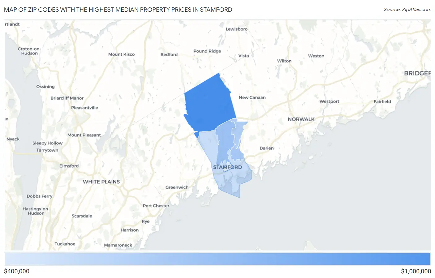 Zip Codes with the Highest Median Property Prices in Stamford Map