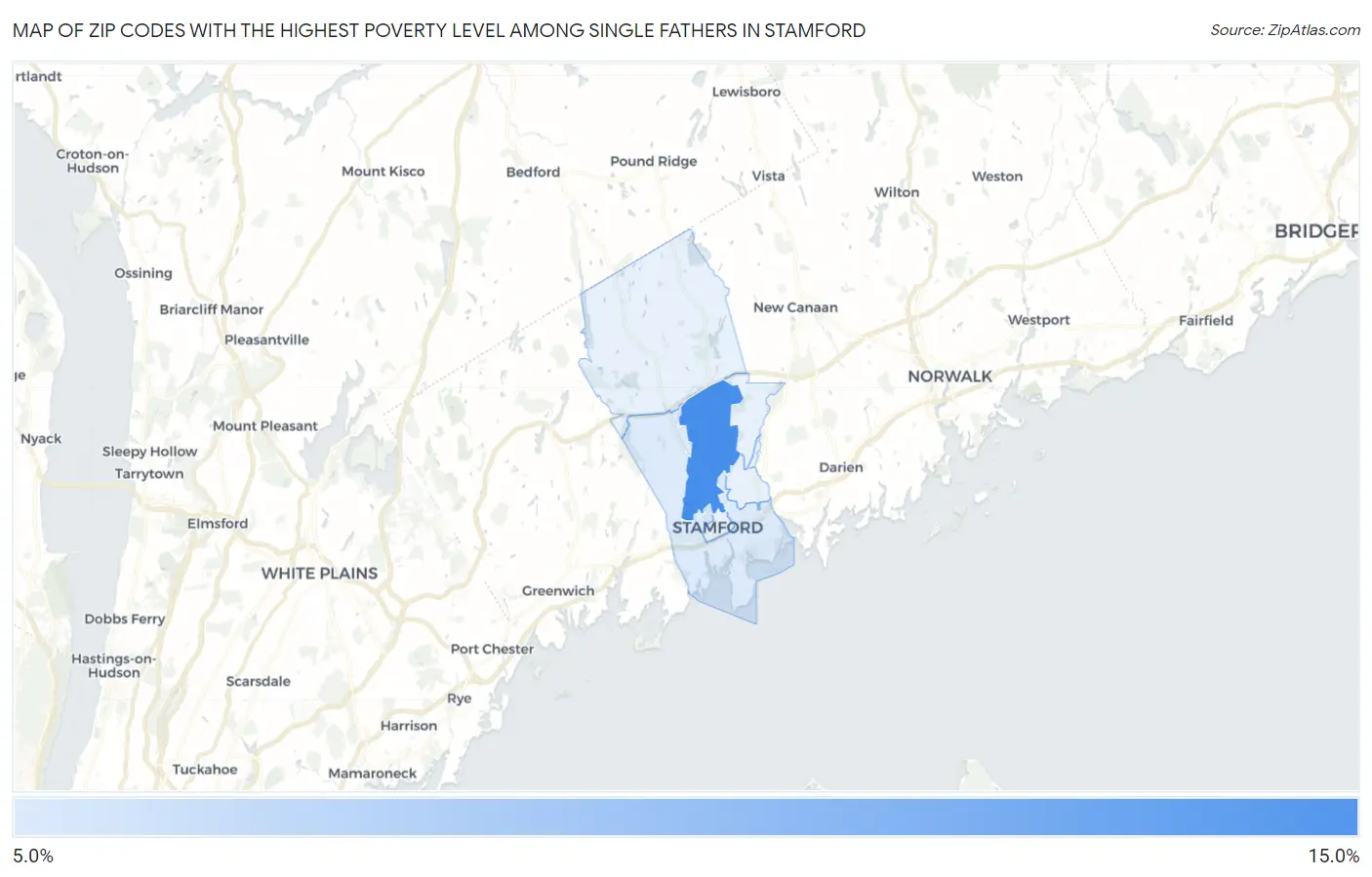 Zip Codes with the Highest Poverty Level Among Single Fathers in Stamford Map