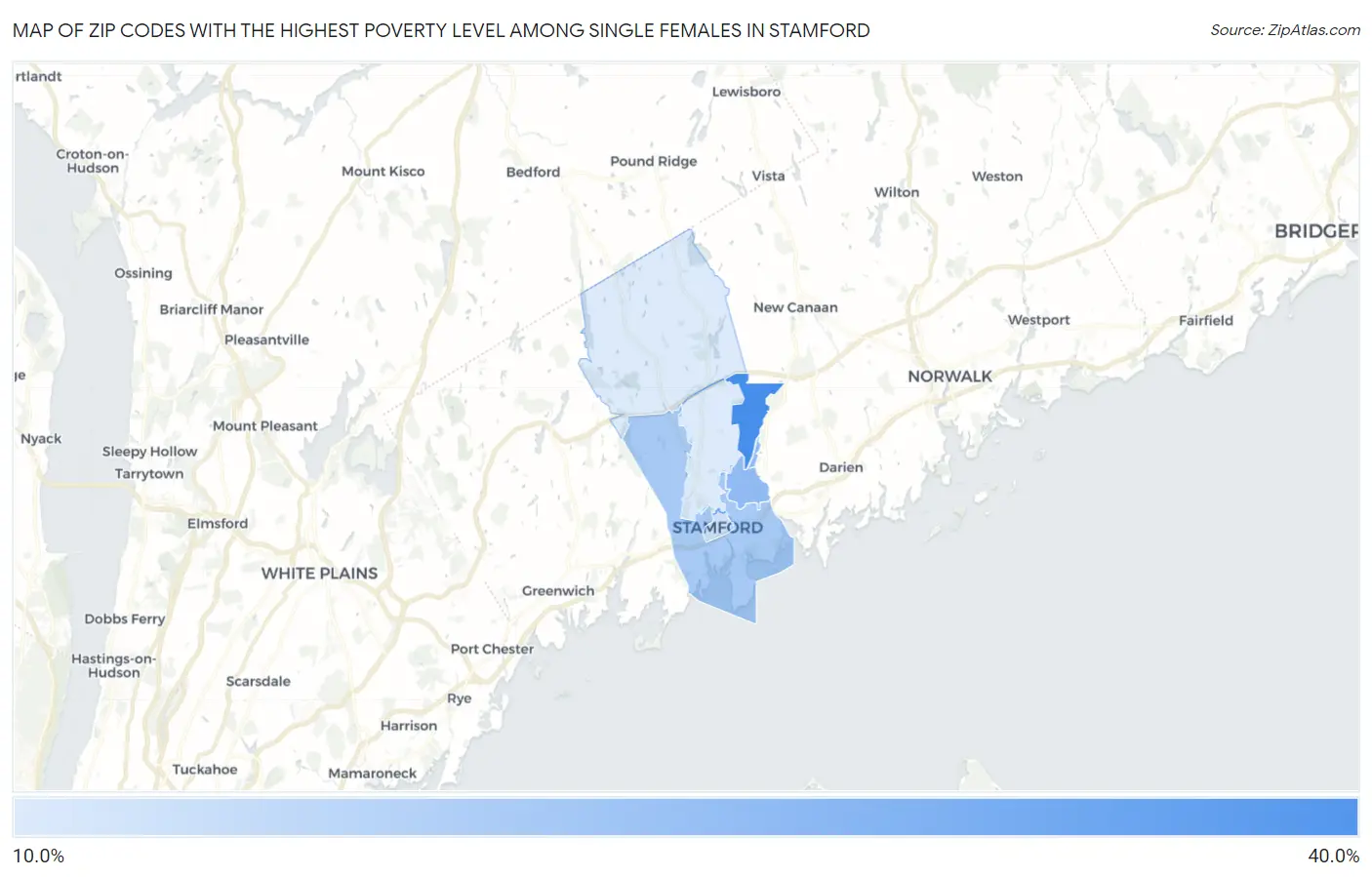 Zip Codes with the Highest Poverty Level Among Single Females in Stamford Map