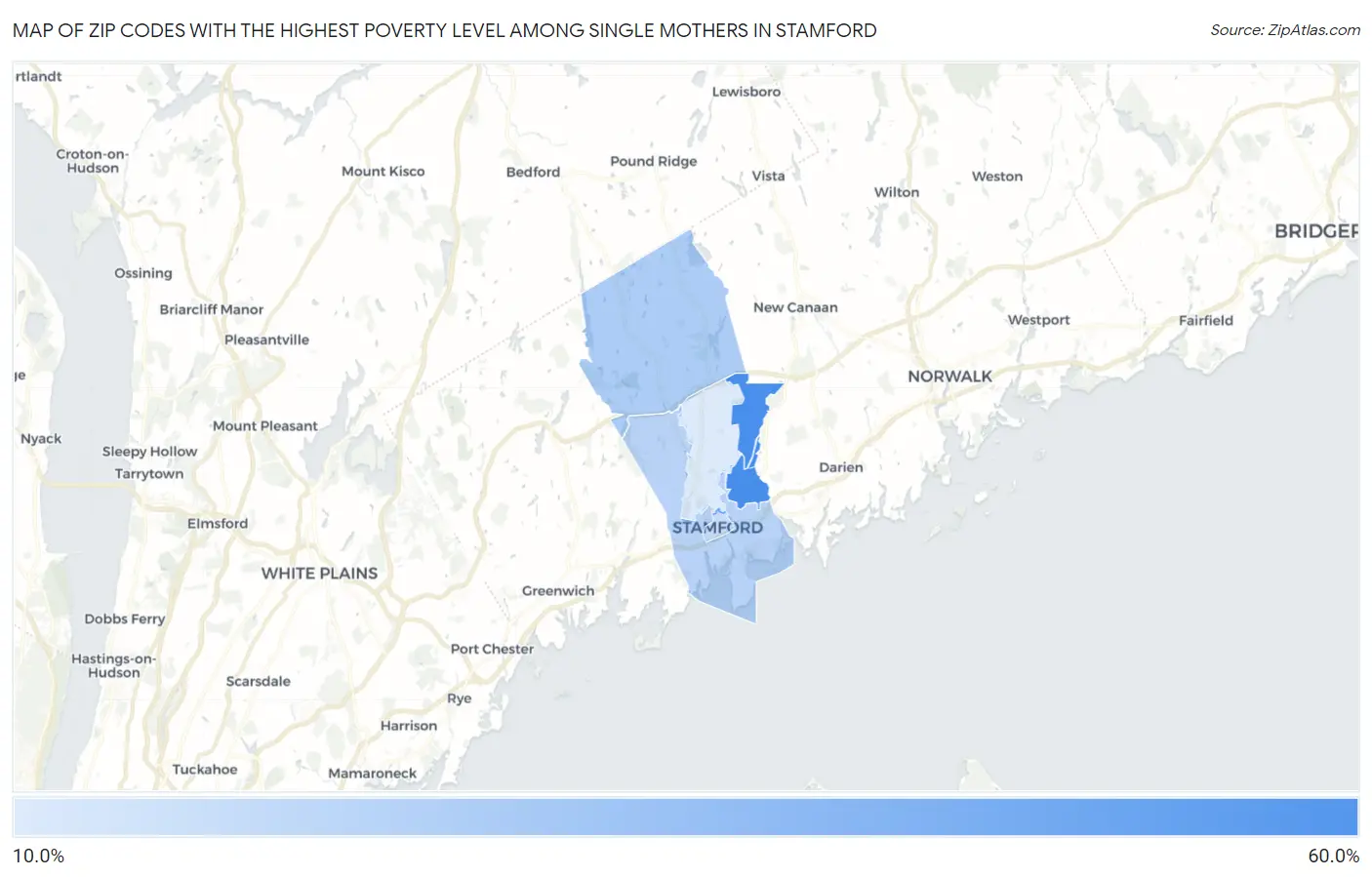Zip Codes with the Highest Poverty Level Among Single Mothers in Stamford Map