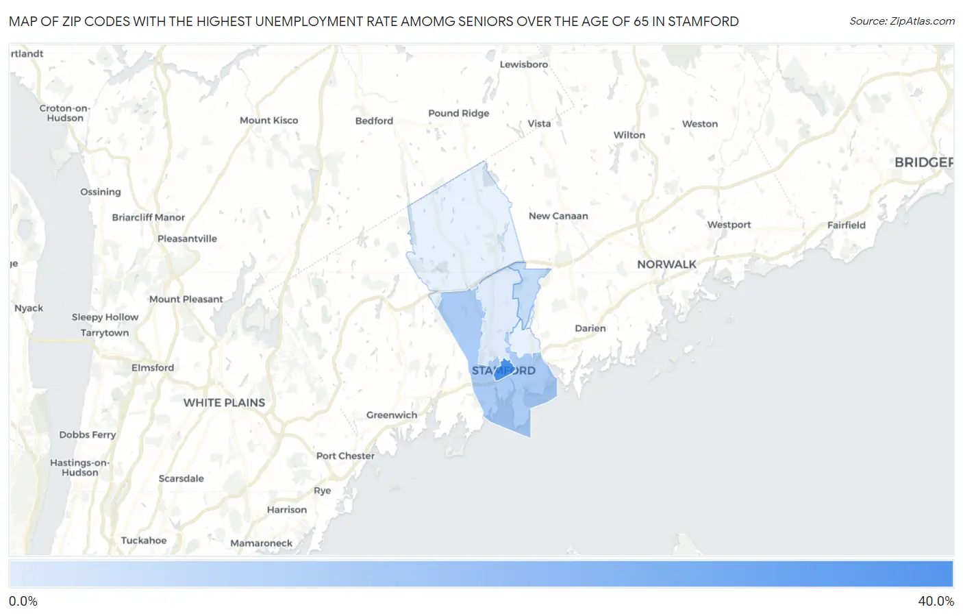 Zip Codes with the Highest Unemployment Rate Amomg Seniors Over the Age of 65 in Stamford Map