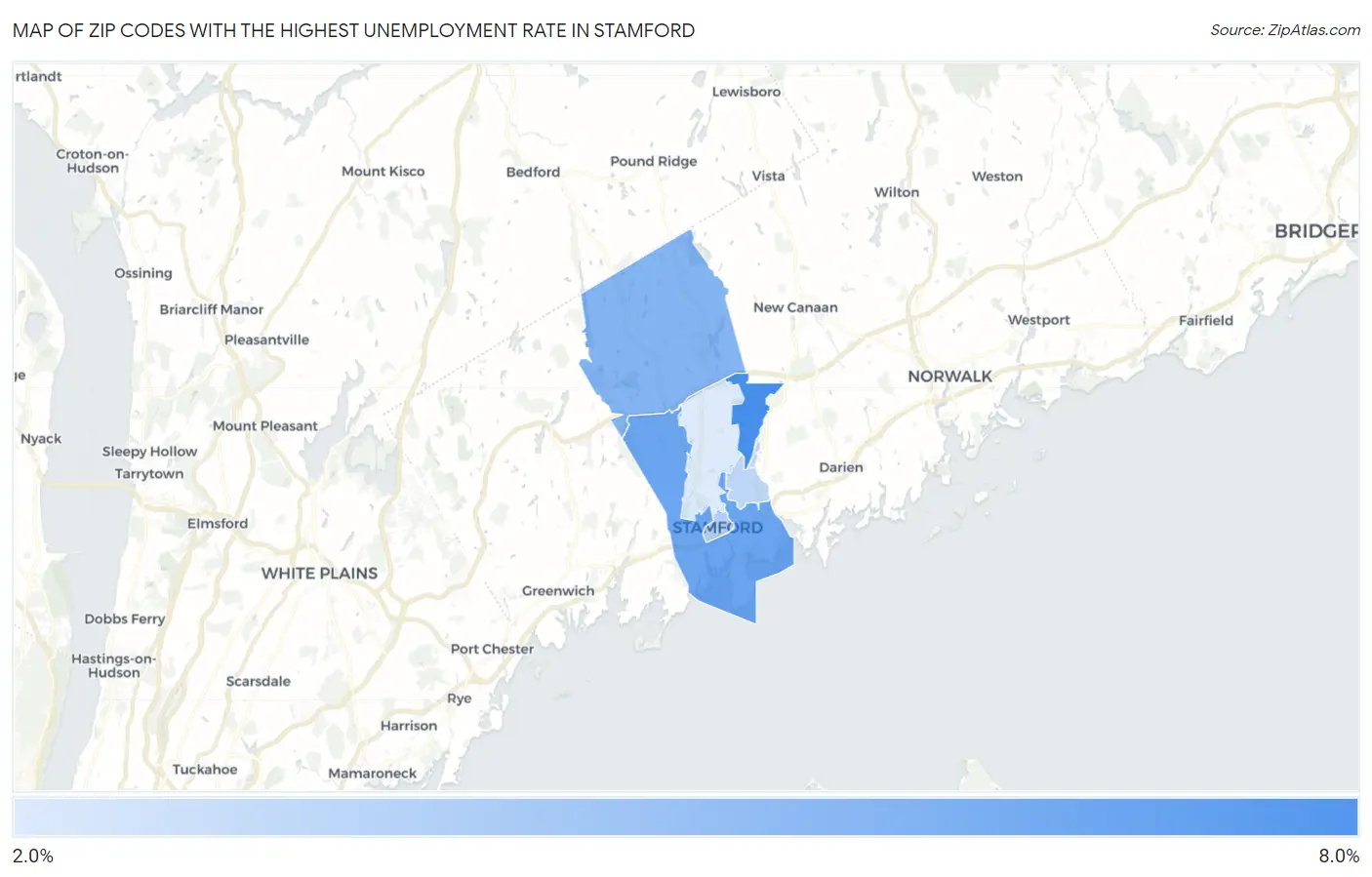 Zip Codes with the Highest Unemployment Rate in Stamford Map