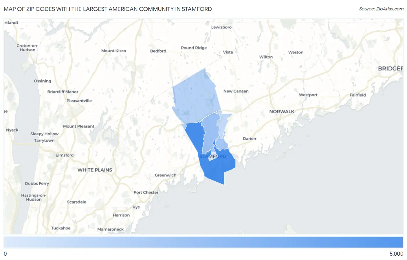 Zip Codes with the Largest American Community in Stamford Map