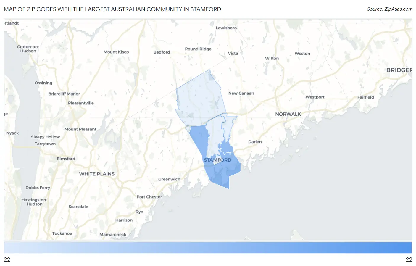 Zip Codes with the Largest Australian Community in Stamford Map