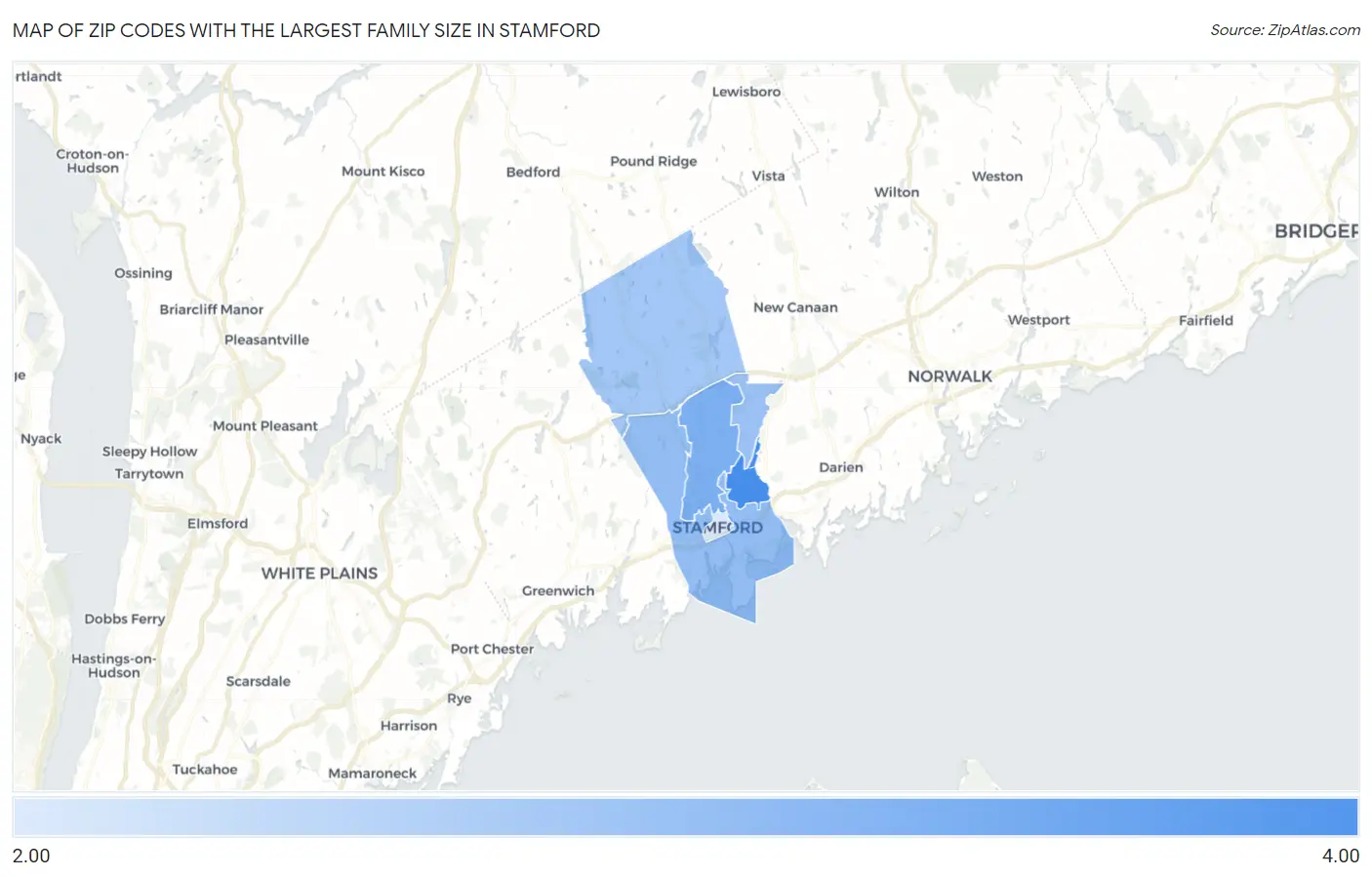 Zip Codes with the Largest Family Size in Stamford Map