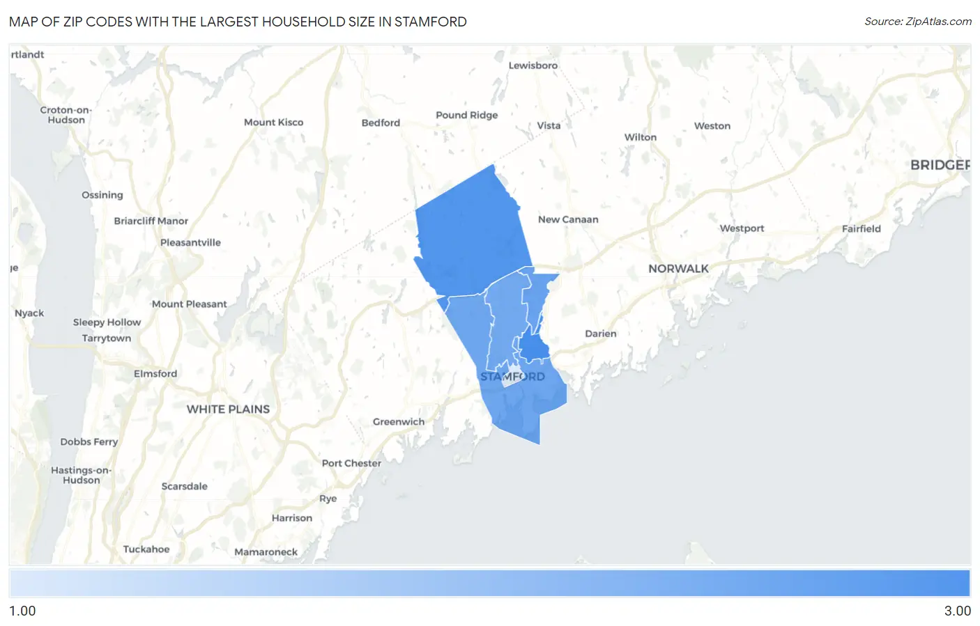 Zip Codes with the Largest Household Size in Stamford Map