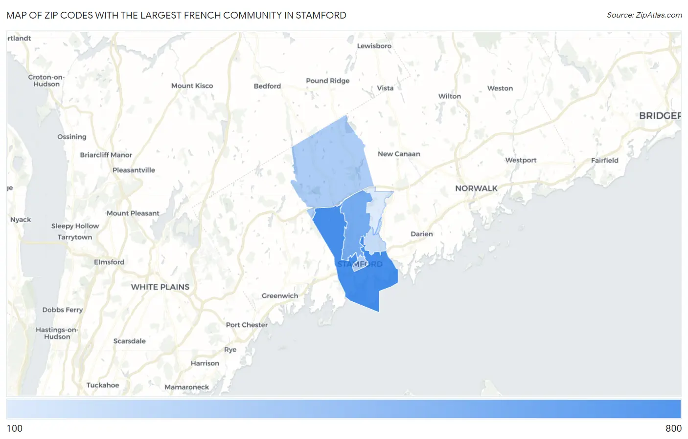 Zip Codes with the Largest French Community in Stamford Map