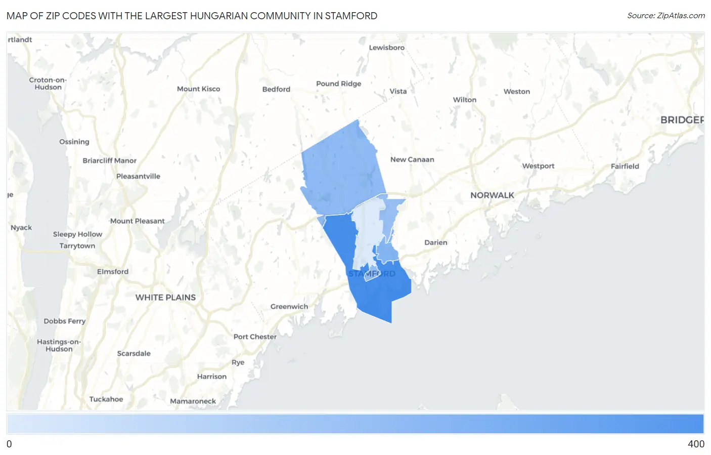 Zip Codes with the Largest Hungarian Community in Stamford Map