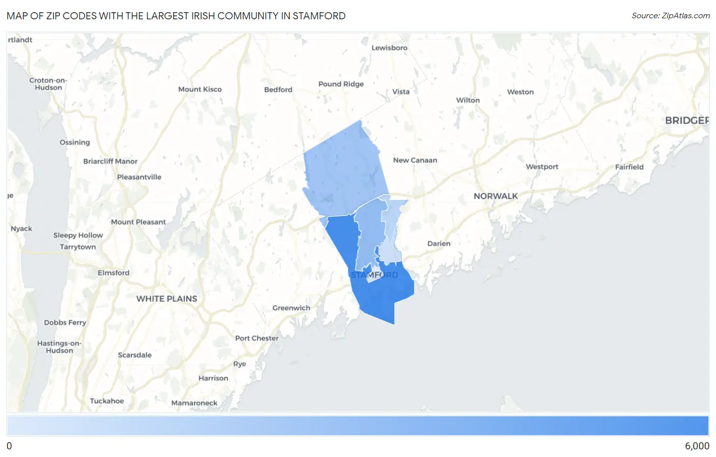 Zip Codes with the Largest Irish Community in Stamford Map