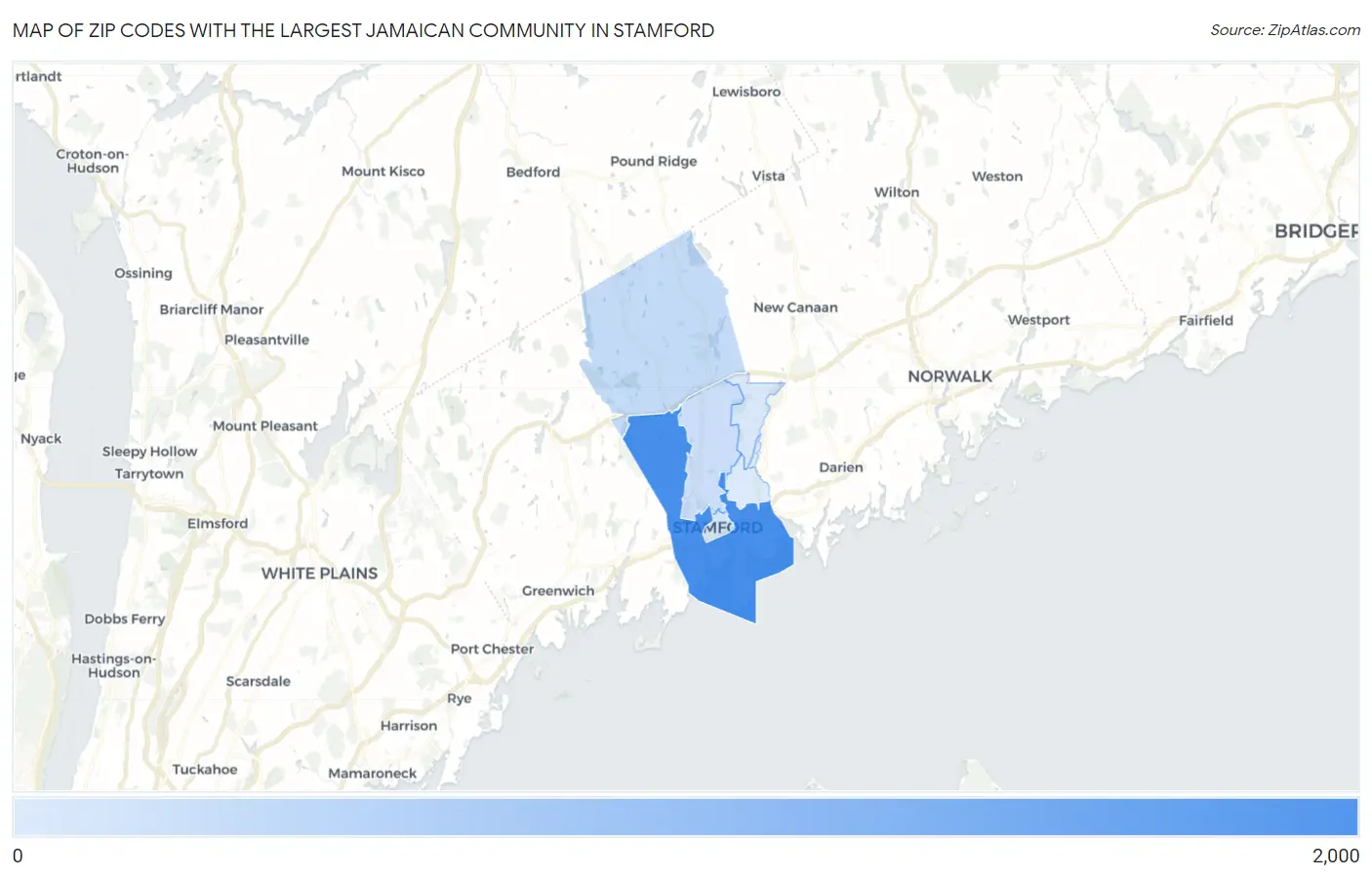 Zip Codes with the Largest Jamaican Community in Stamford Map