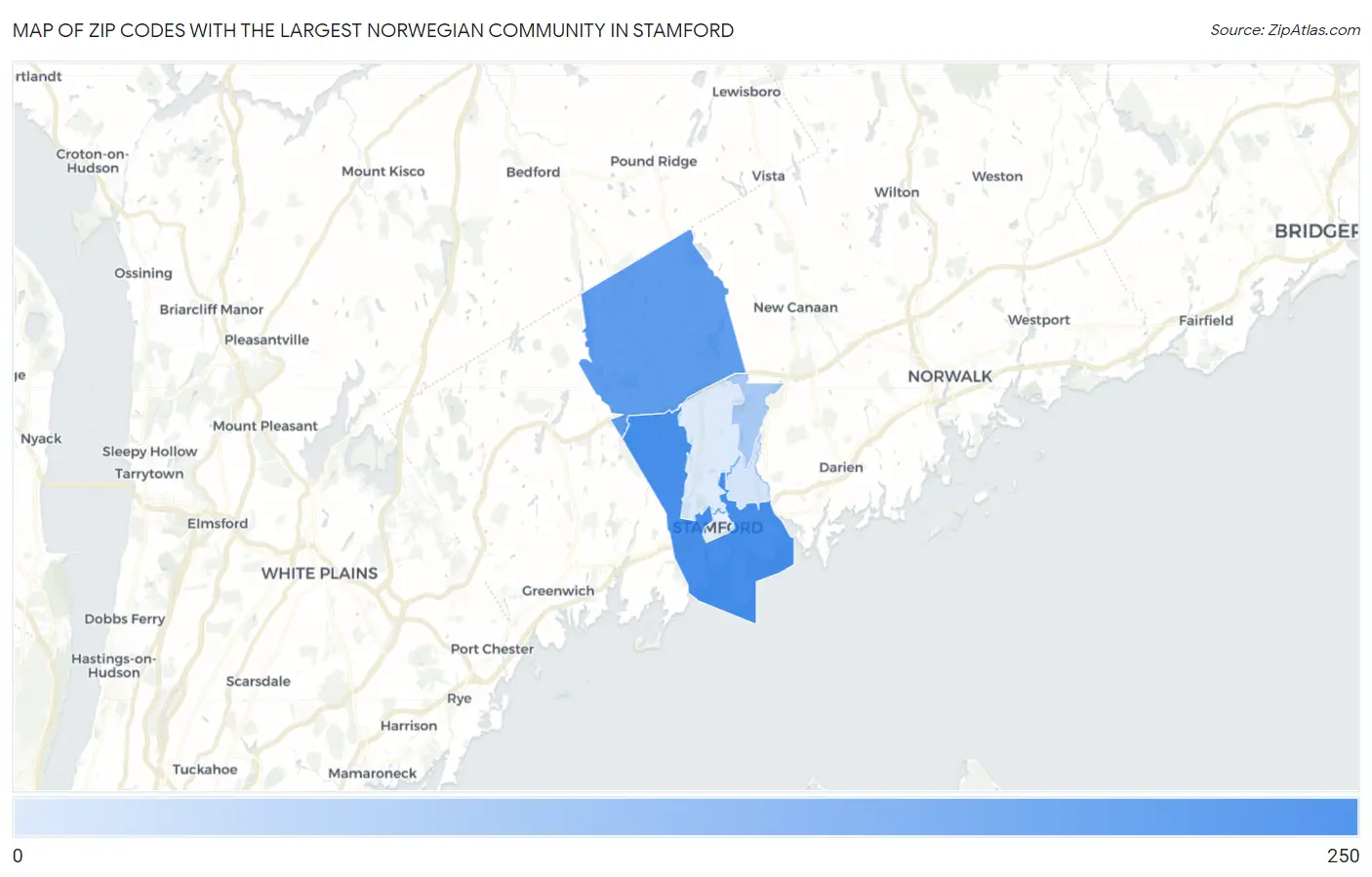 Zip Codes with the Largest Norwegian Community in Stamford Map