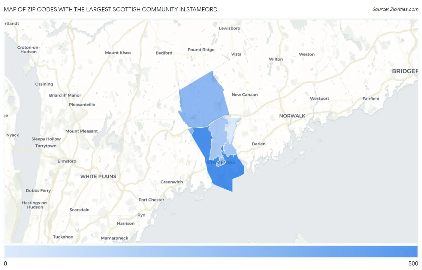 Zip Codes with the Largest Scottish Community in Stamford Map