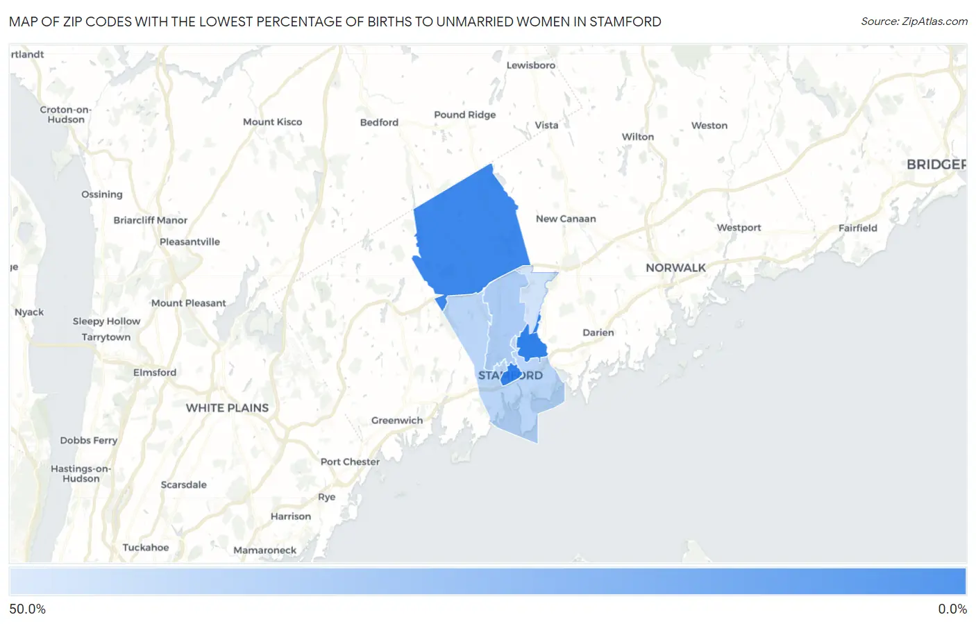 Zip Codes with the Lowest Percentage of Births to Unmarried Women in Stamford Map