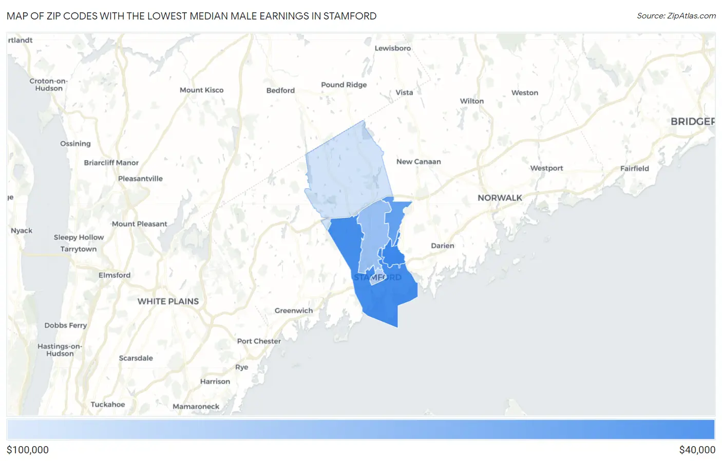 Zip Codes with the Lowest Median Male Earnings in Stamford Map
