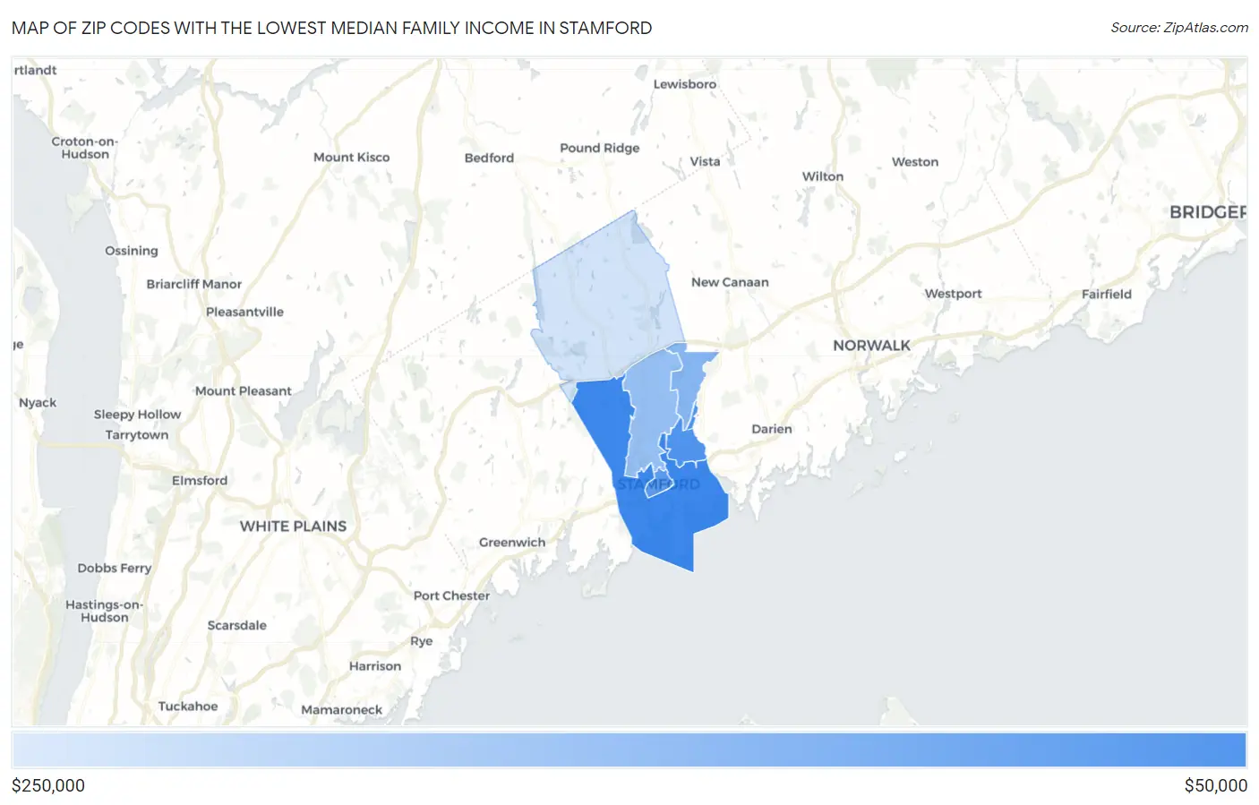 Zip Codes with the Lowest Median Family Income in Stamford Map