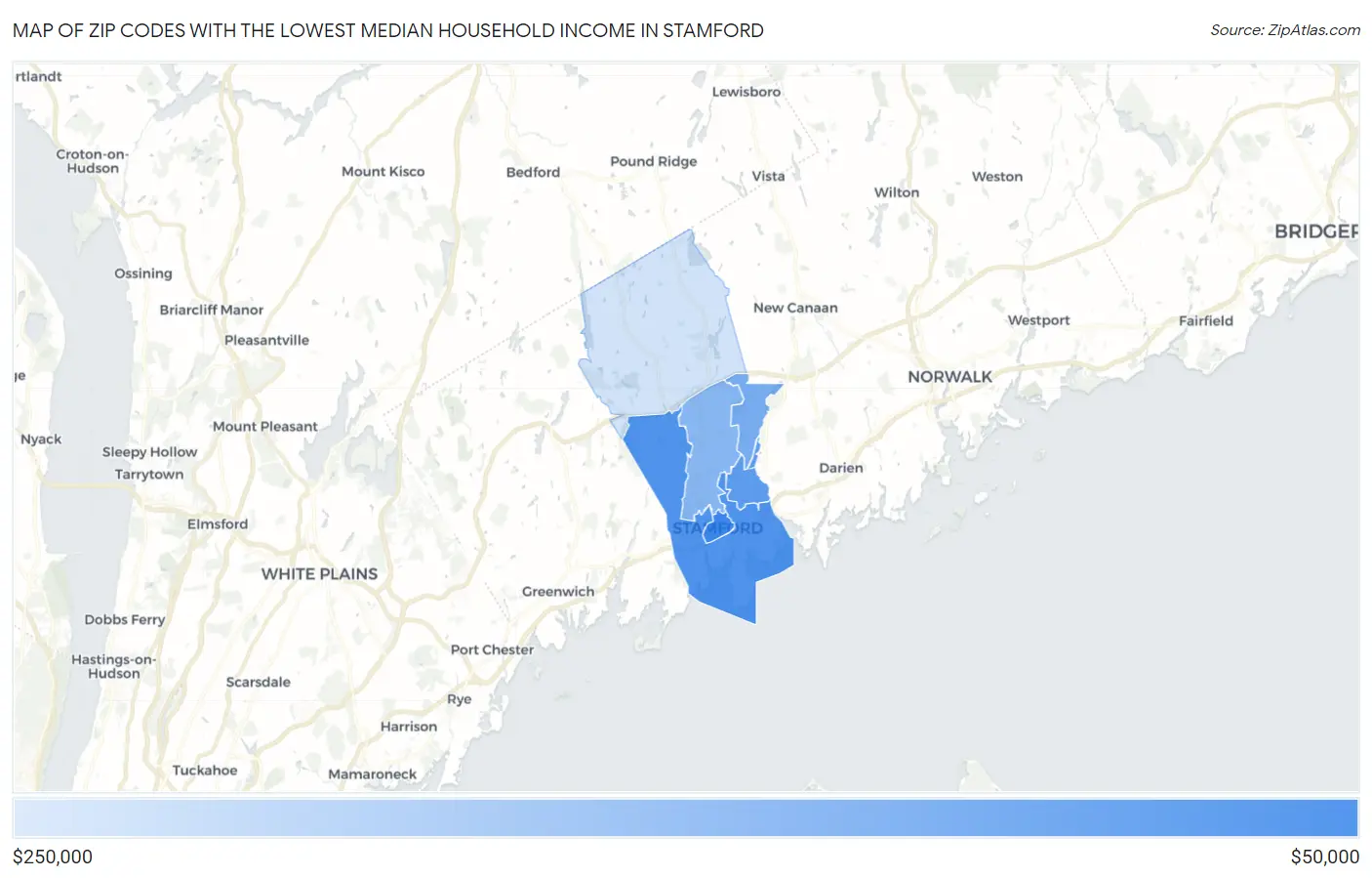Zip Codes with the Lowest Median Household Income in Stamford Map