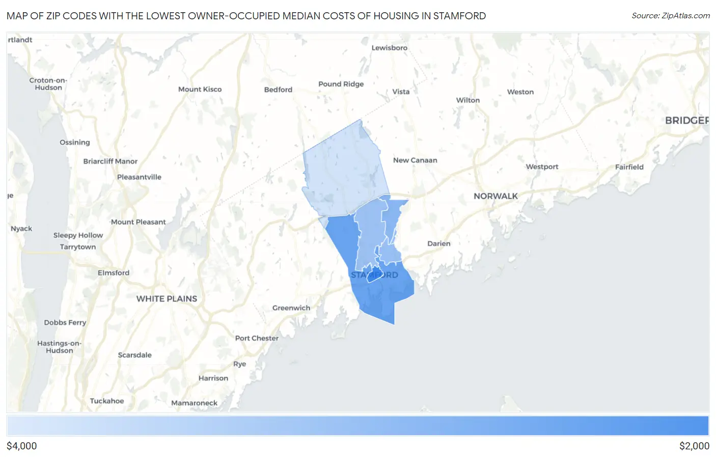 Zip Codes with the Lowest Owner-Occupied Median Costs of Housing in Stamford Map