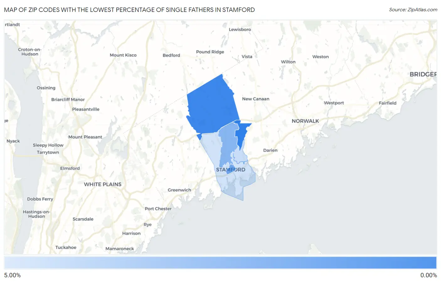 Zip Codes with the Lowest Percentage of Single Fathers in Stamford Map