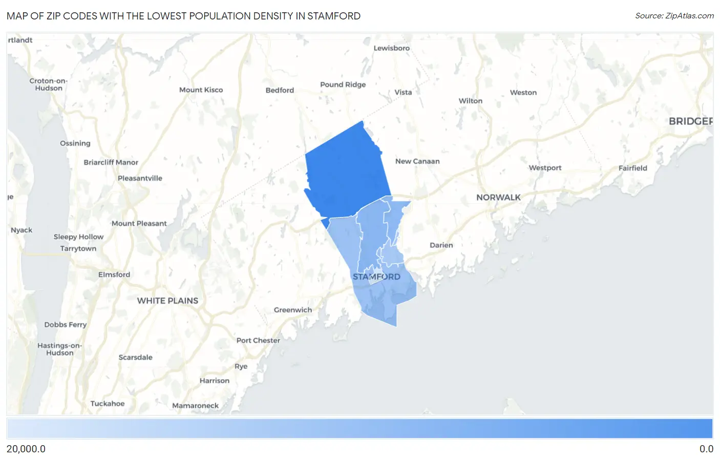 Zip Codes with the Lowest Population Density in Stamford Map