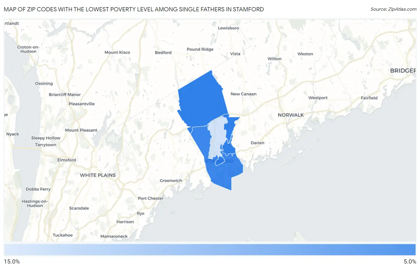 Zip Codes with the Lowest Poverty Level Among Single Fathers in Stamford Map