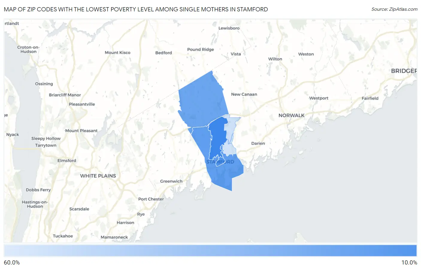 Zip Codes with the Lowest Poverty Level Among Single Mothers in Stamford Map