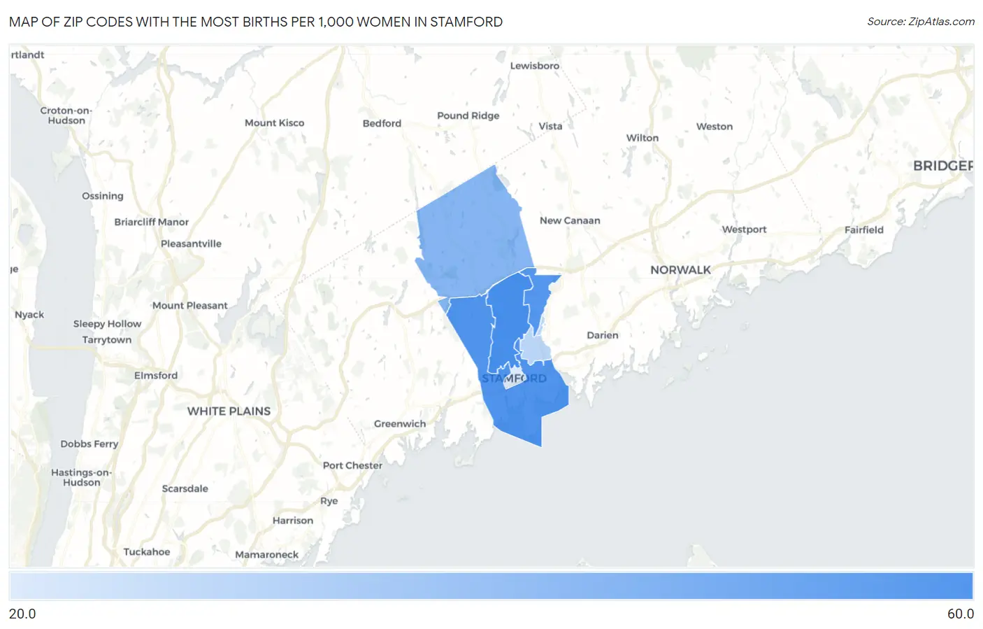 Zip Codes with the Most Births per 1,000 Women in Stamford Map