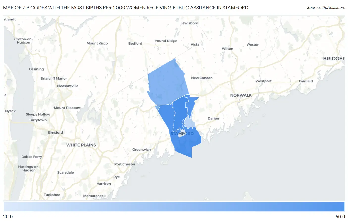 Zip Codes with the Most Births per 1,000 Women Receiving Public Assitance in Stamford Map