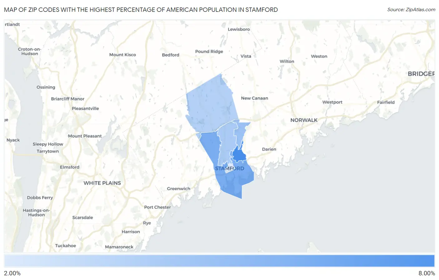 Zip Codes with the Highest Percentage of American Population in Stamford Map
