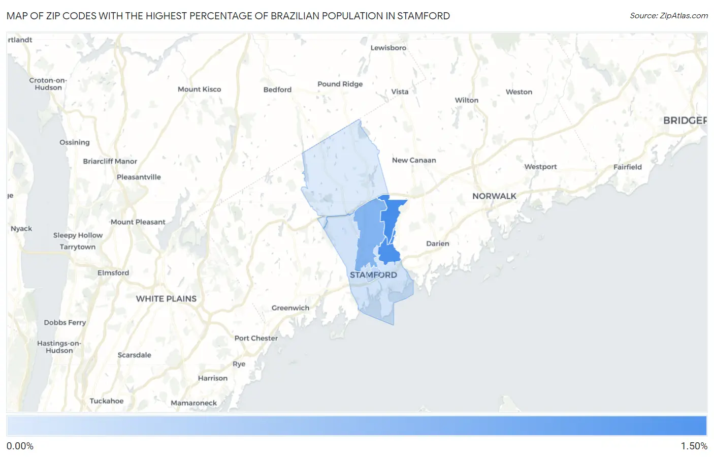 Zip Codes with the Highest Percentage of Brazilian Population in Stamford Map
