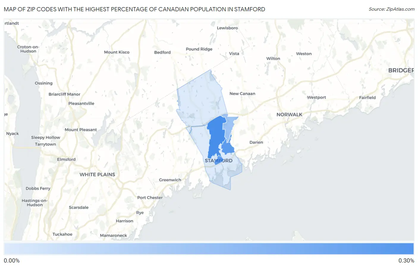 Zip Codes with the Highest Percentage of Canadian Population in Stamford Map