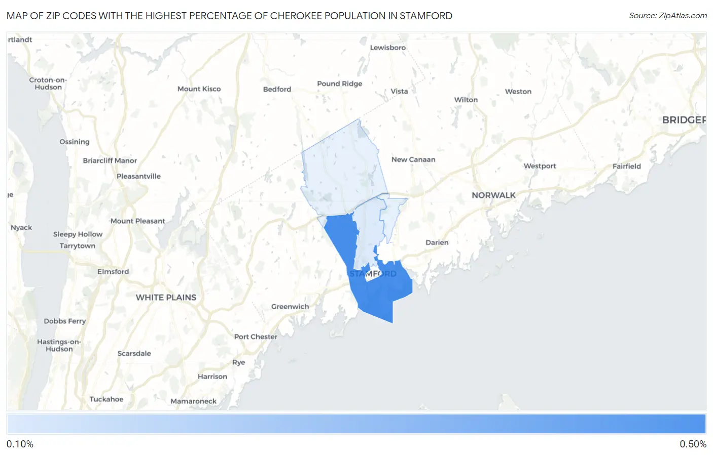 Zip Codes with the Highest Percentage of Cherokee Population in Stamford Map